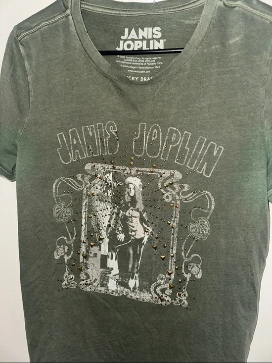 Janis Joplin Lucky Brand Olive Green Distressed Graphic Tee Women’s Size M - Picture 4 of 8